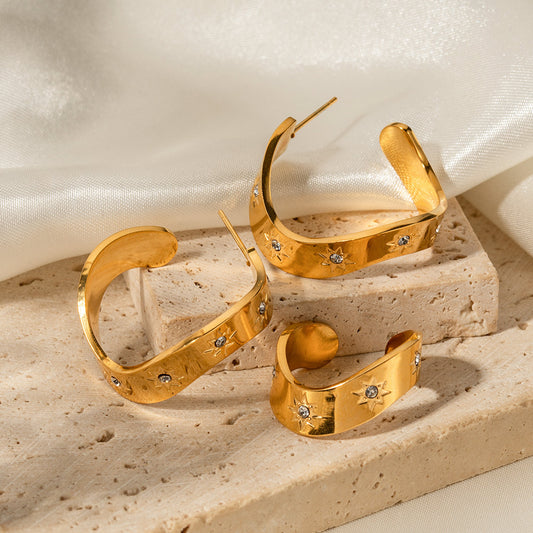 18k Gold Classic Simple Healing C-shaped Star Pattern Diamond Earrings - Sherry