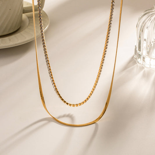 18k Healing Gold  Diamond Snake Chain Double Layer Necklace