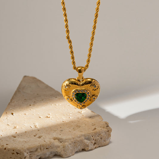18k Gold Emerald and Diamond Heart Shape Pendant - Pure