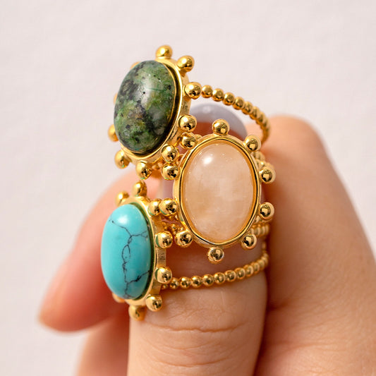 18K Gold Intention Setting Rings (Natural Turquoise,,Rose Quartz , African Jade )