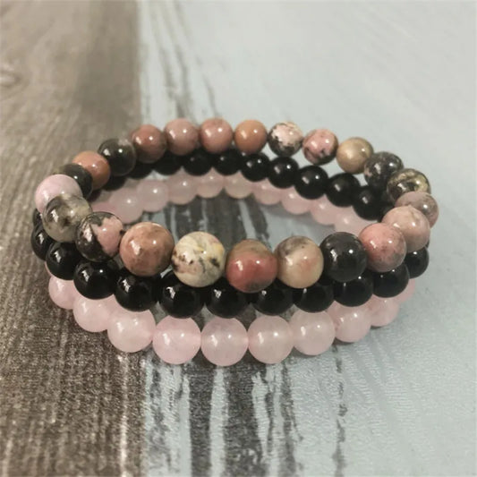 Tri-Gemstone Harmony Bracelet Set: A Trio of Black Onyx, Rhodonite, and Rose Quartz for Ultimate Well-Being and Protection