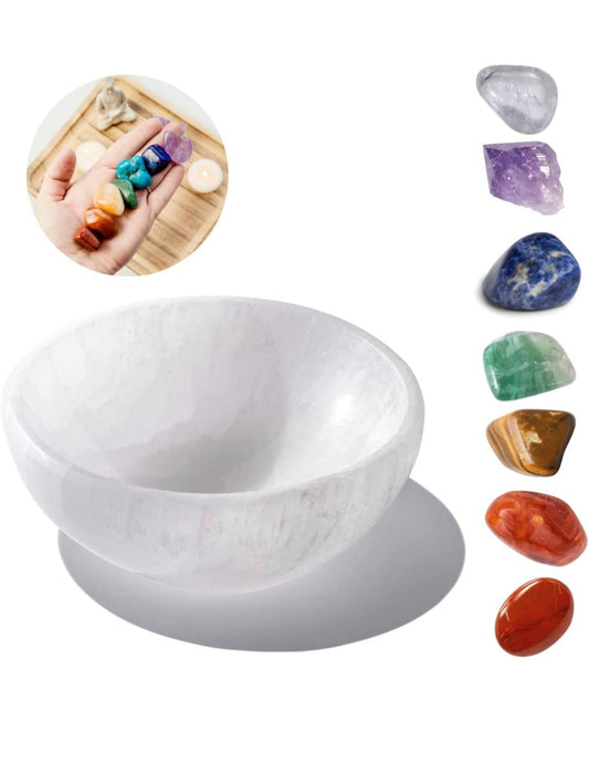 Bowl 4 inch Crystals and Healing Stones| 9 Piece Crystal Sets for Beginners Selenite Plate for Charging| Chakra Stones Healing Crystal Decor| Moroccan Selenite